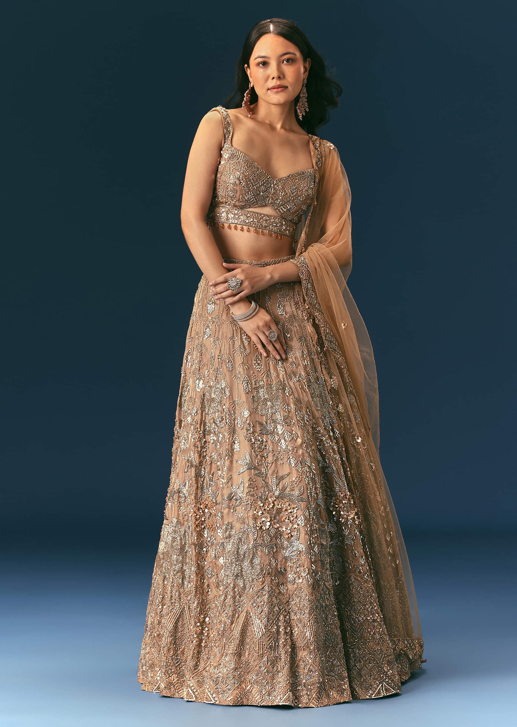 Bronze Embroidered Organza Lehenga Set (3-Piece) - Image 1