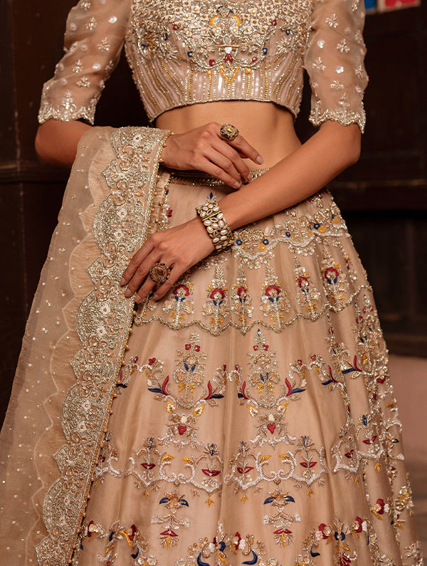 Champagne Hand-Embellished Organza Lehnga Choli (3-Piece) - Image 3