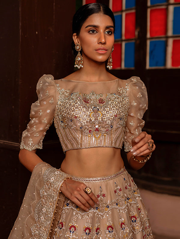 Champagne Hand-Embellished Organza Lehnga Choli (3-Piece) - Image 2