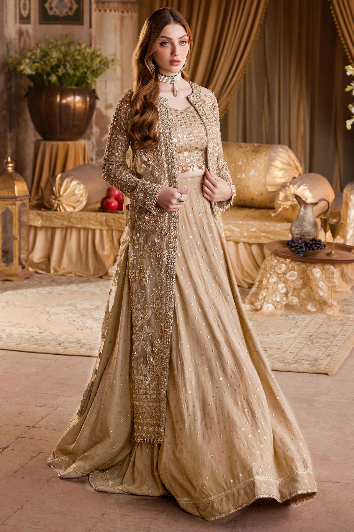 Pakistani Gold Hand-Embellished Organza & Silk Lehenga (3-Piece) - Image 2