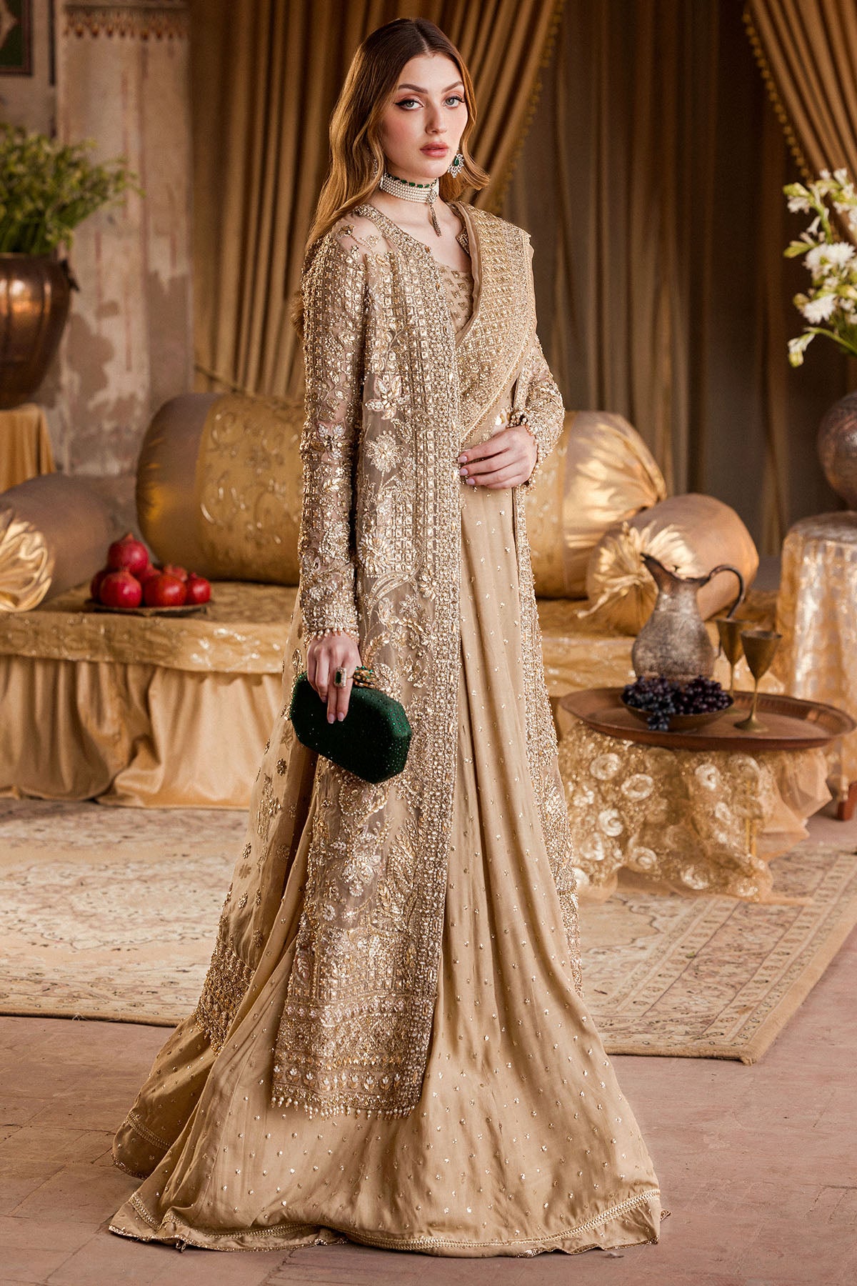 Pakistani Gold Hand-Embellished Organza & Silk Lehenga (3-Piece) - Image 3