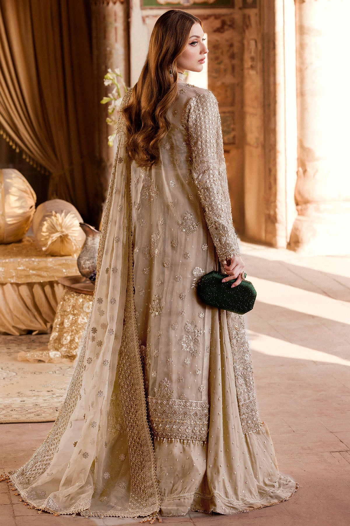 Pakistani Gold Hand-Embellished Organza & Silk Lehenga (3-Piece) - Image 5