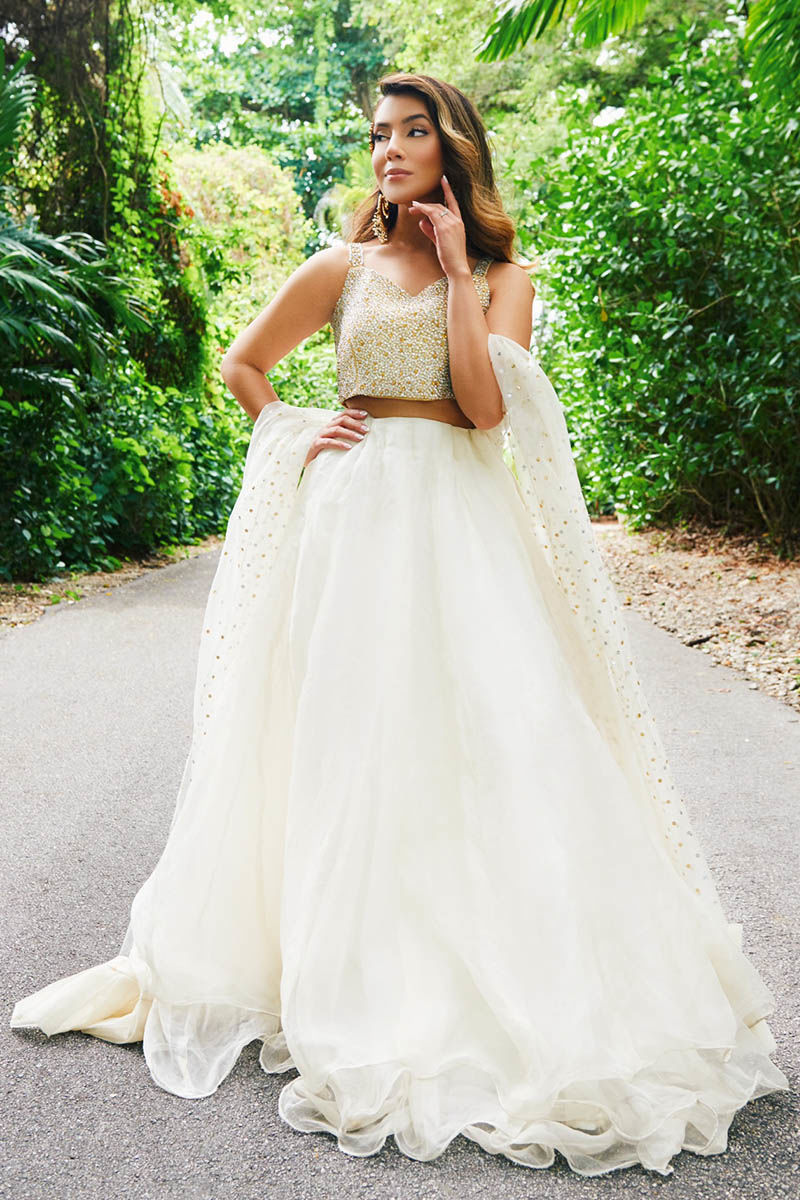 Pakistani Metallic Gold Swarovski Organza Lehenga (3-Piece) - Image 1