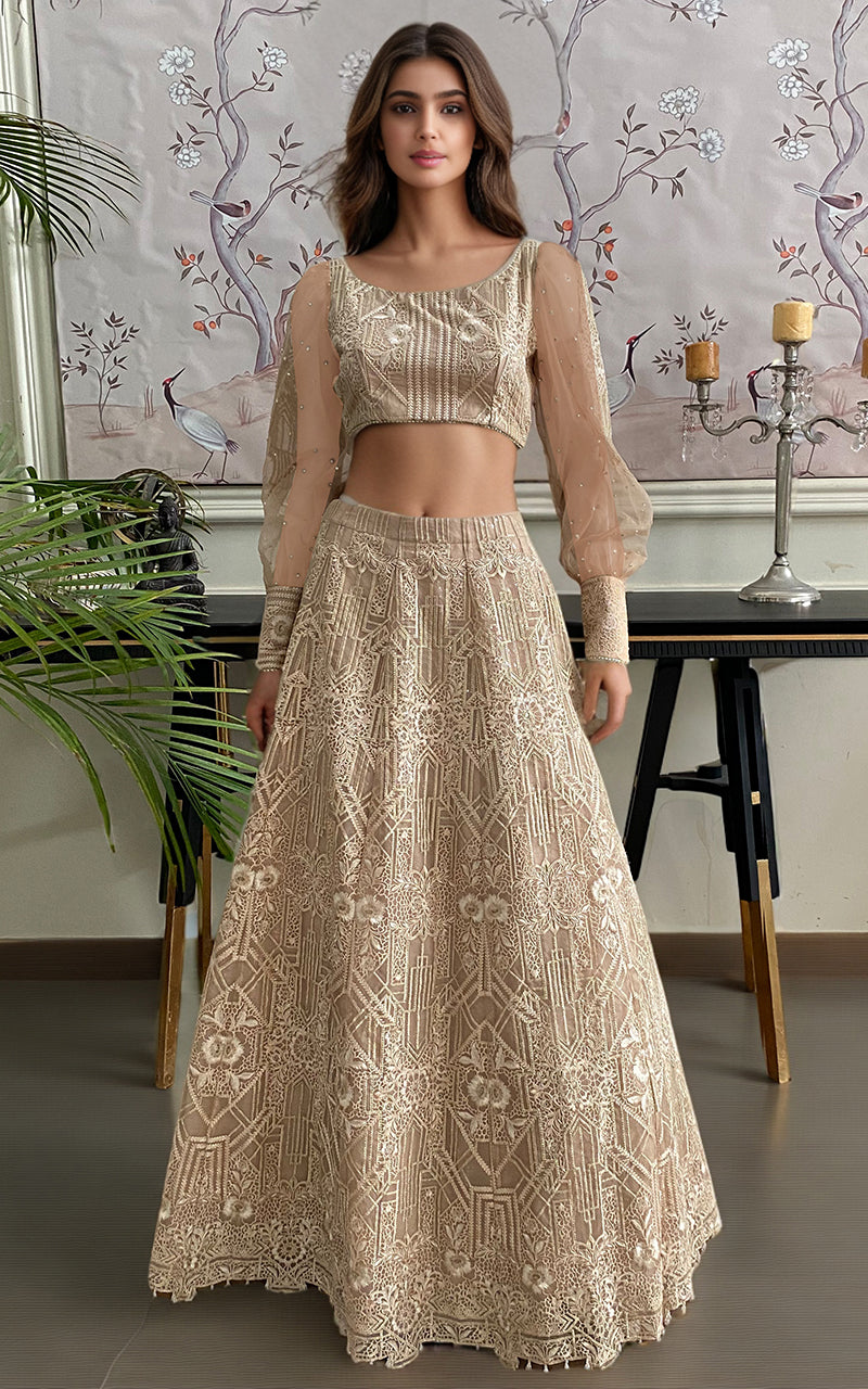 Champagne Embroidered Organza Lehenga Set (2-Piece) - Image 1