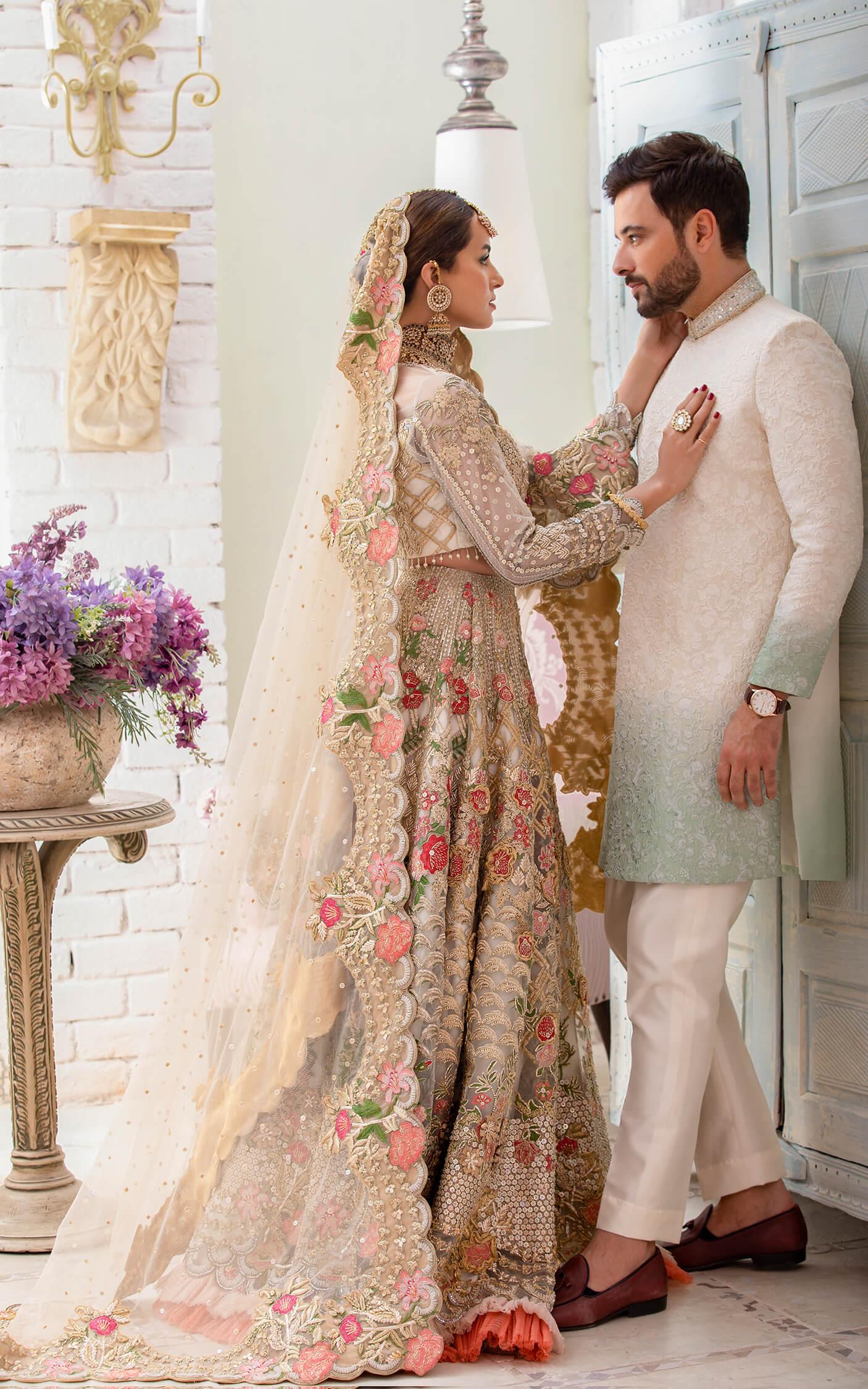 Champagne Gold Embroidered Organza Bridal Lehenga (3-Piece) - Image 2