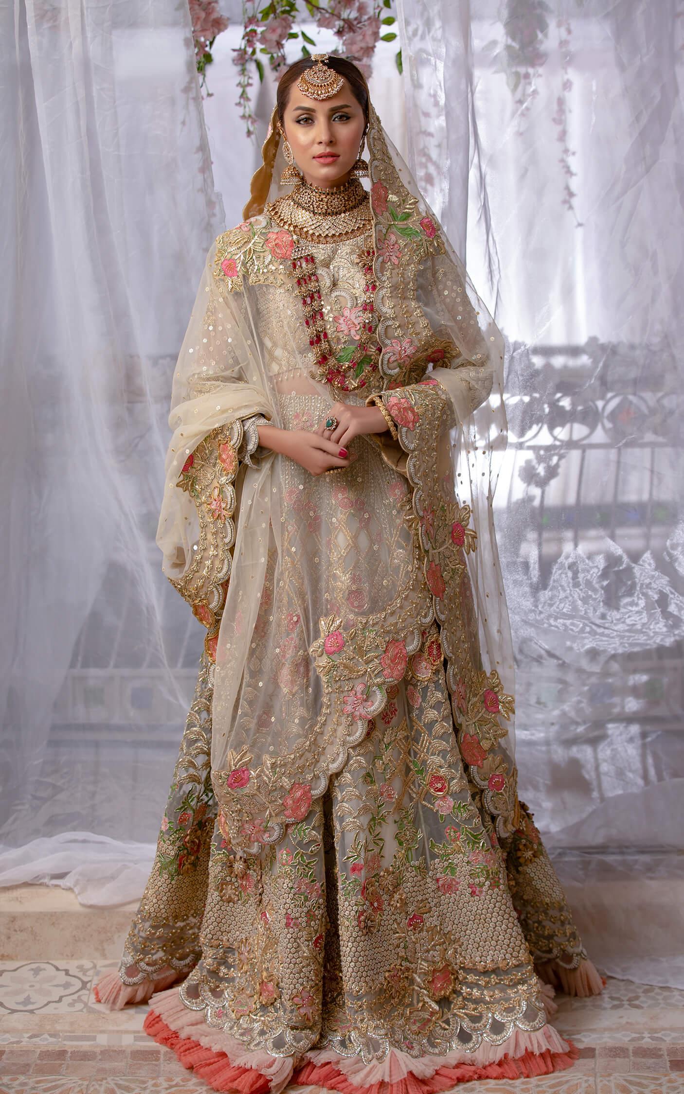 Champagne Gold Embroidered Organza Bridal Lehenga (3-Piece) - Image 4