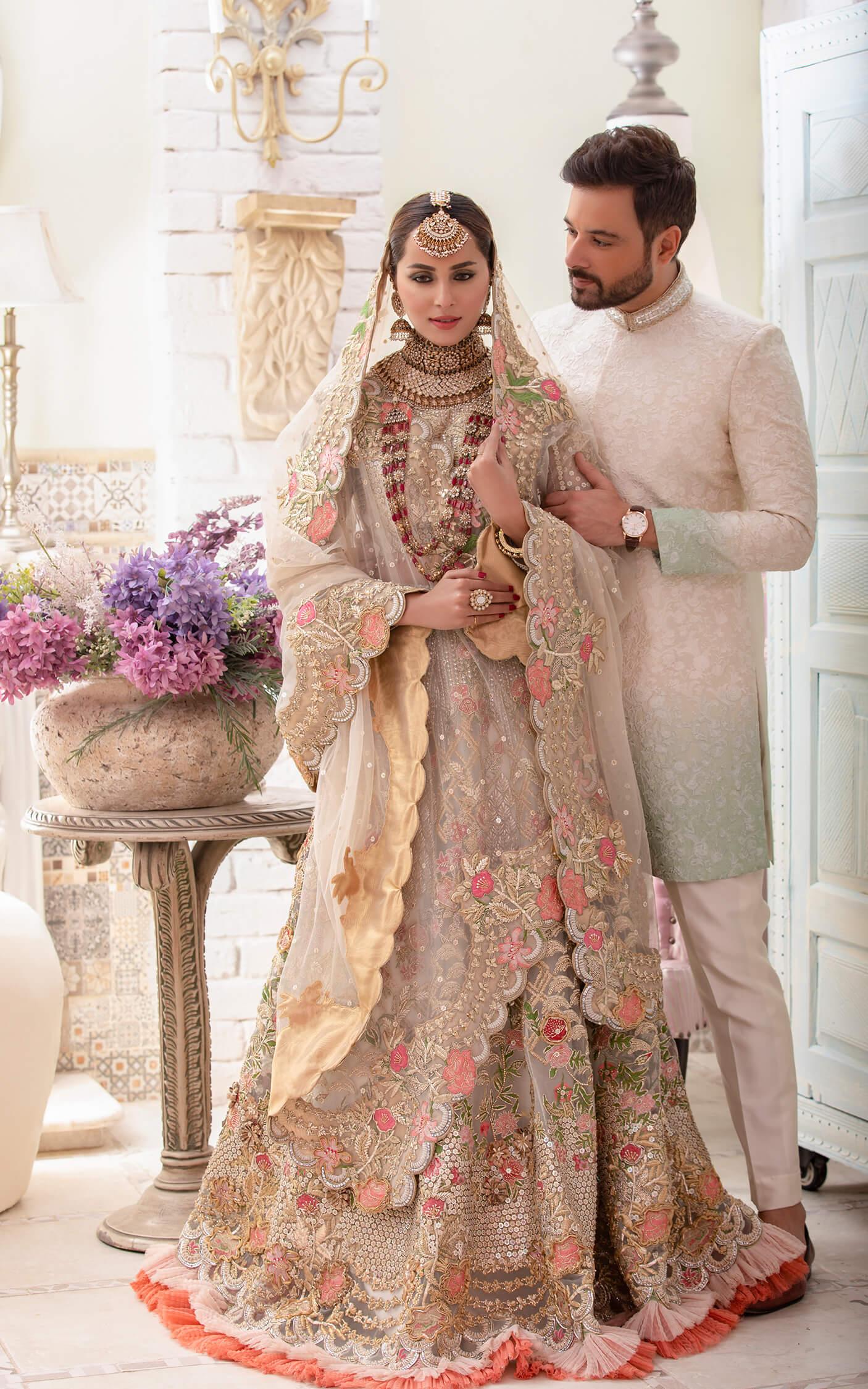 Champagne Gold Embroidered Organza Bridal Lehenga (3-Piece) - Image 5