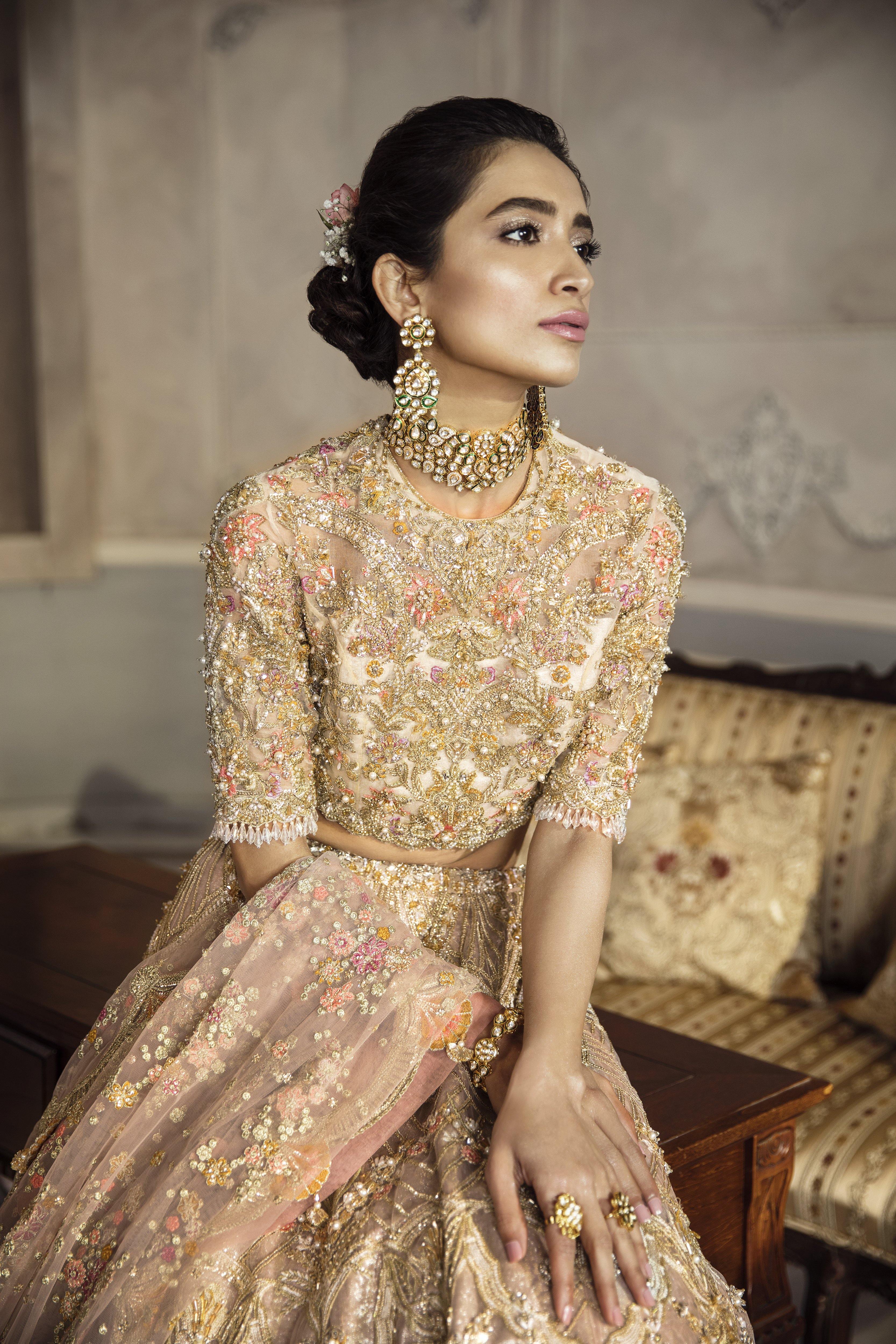 Pakistani Champagne Embellished Organza Choli & Tulle Lehenga (3-Piece) - Image 3