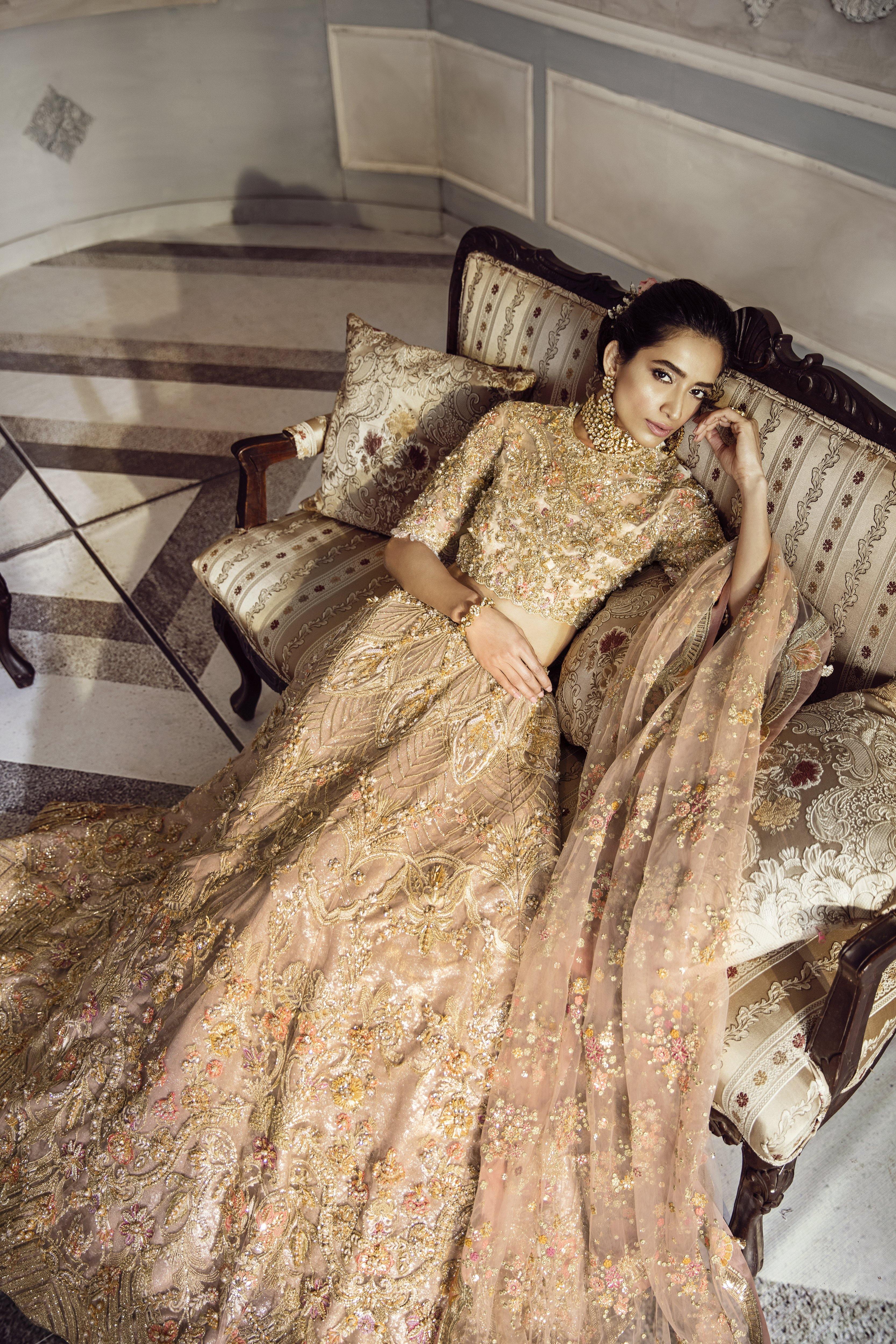 Pakistani Champagne Embellished Organza Choli & Tulle Lehenga (3-Piece) - Image 6