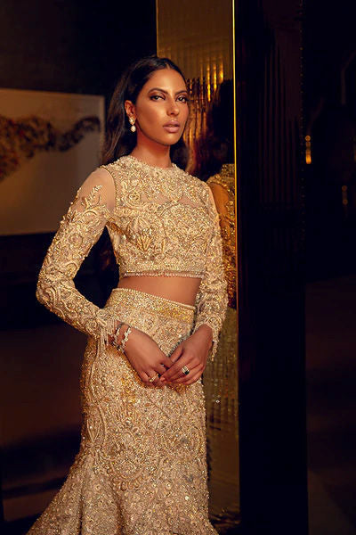 Nude Zardozi & Pearl Organza Mermaid Lehenga (2-Piece) - Image 2