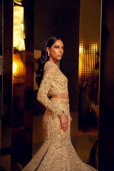 Nude Zardozi & Pearl Organza Mermaid Lehenga (2-Piece) - Image 5