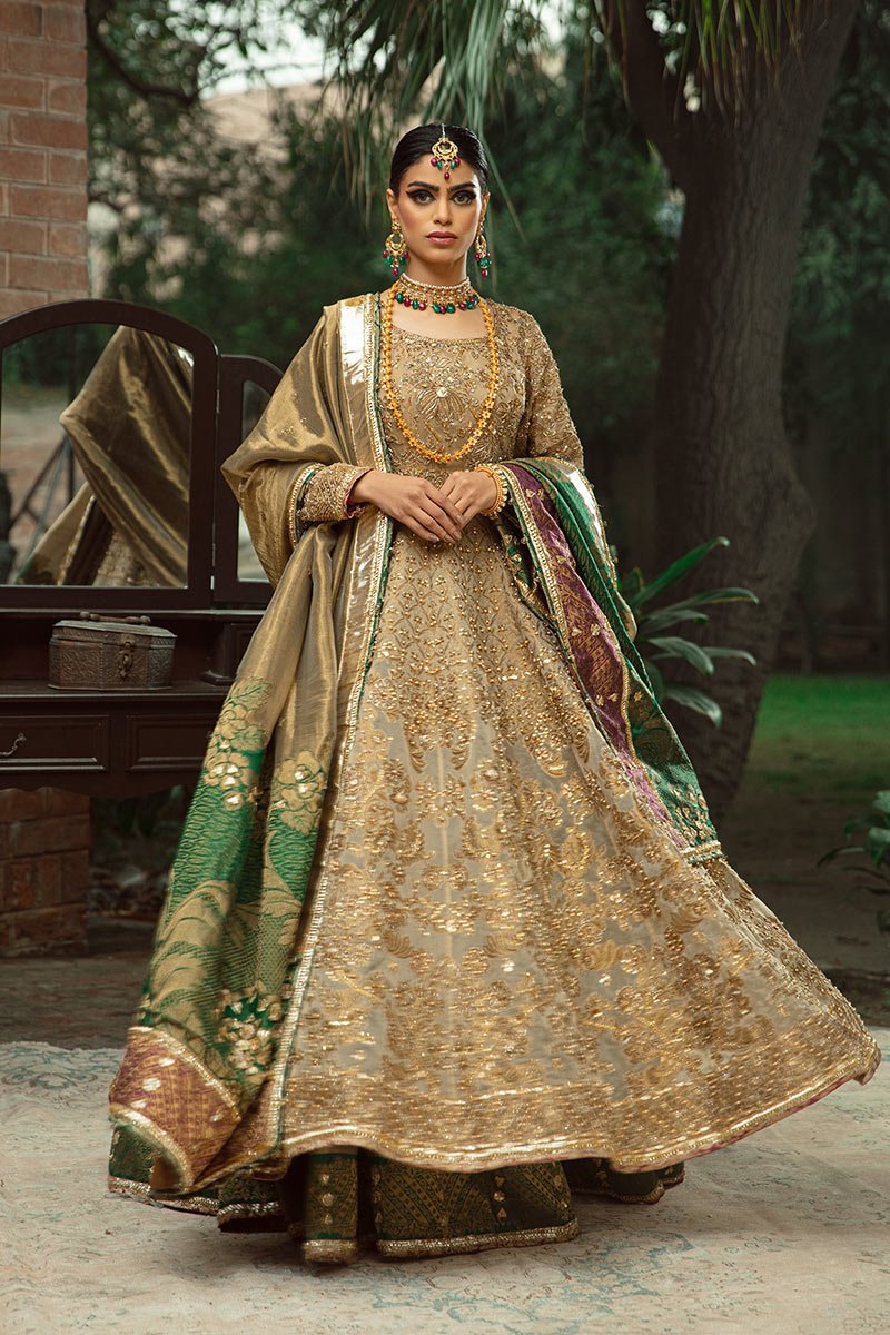 Antique Gold Embroidered Organza Kalidar Lehenga (3-Piece) - Image 1