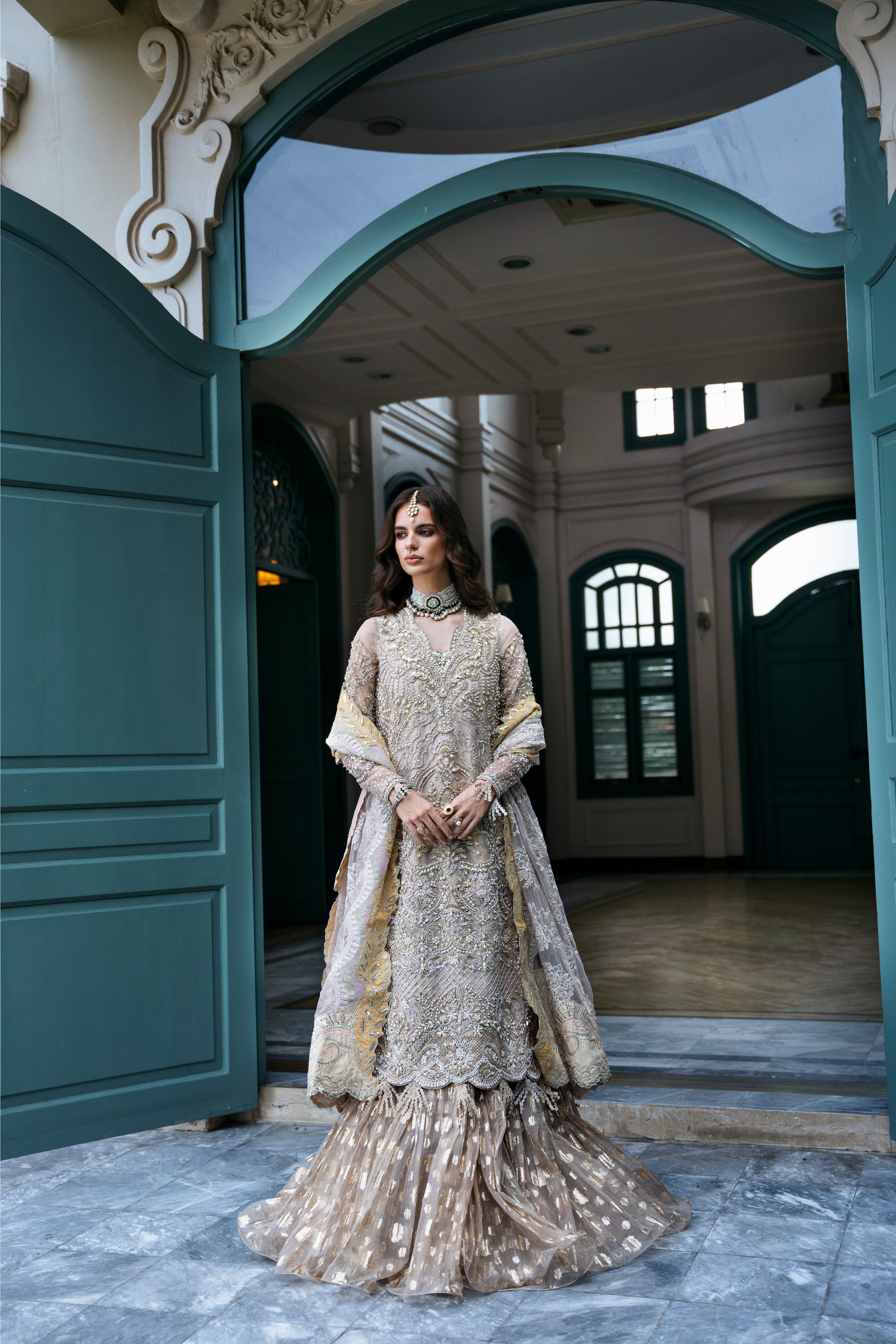 Dusky Champagne Embroidered Organza & Jamawar Lehenga (3-Piece) - Image 1