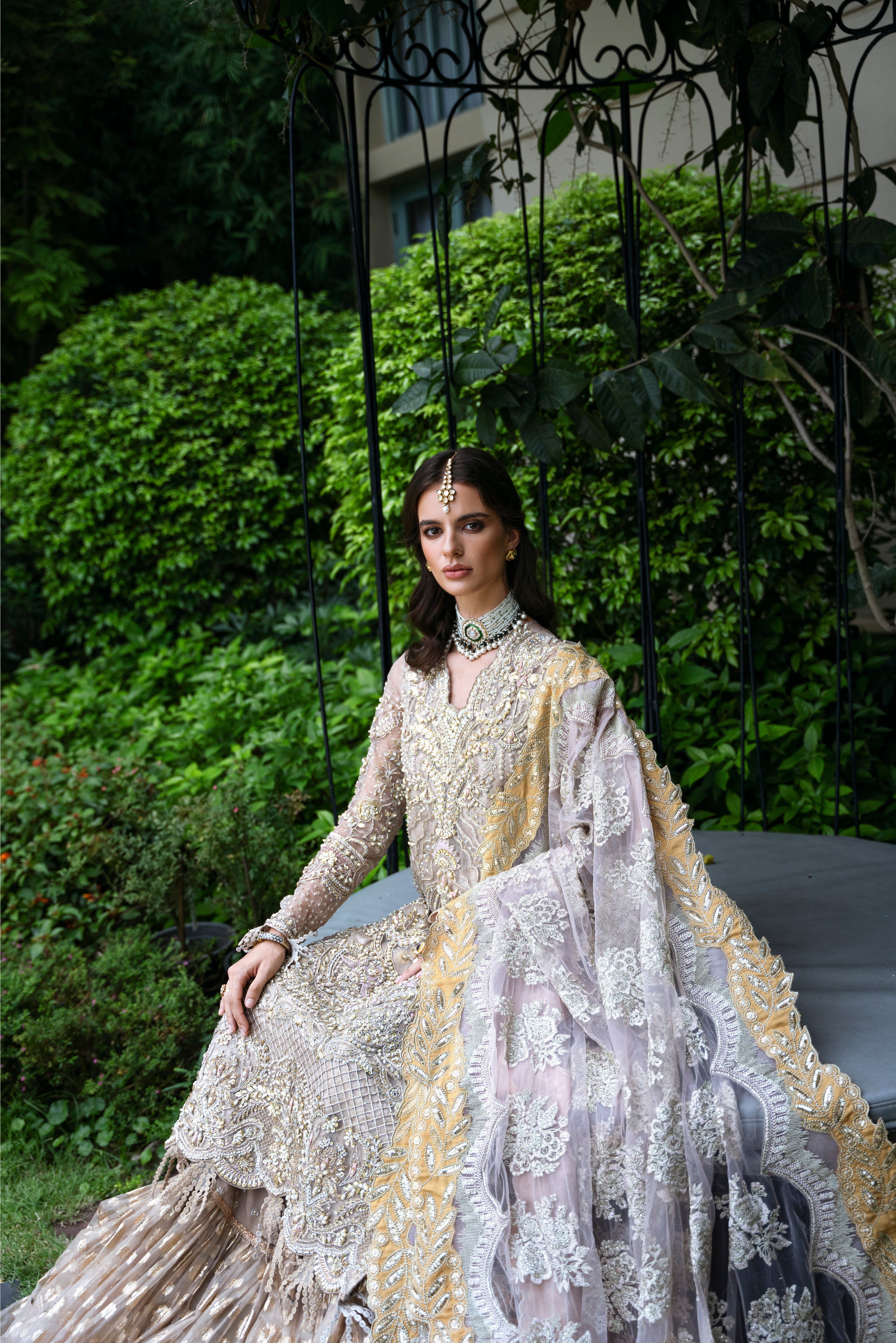 Dusky Champagne Embroidered Organza & Jamawar Lehenga (3-Piece) - Image 2