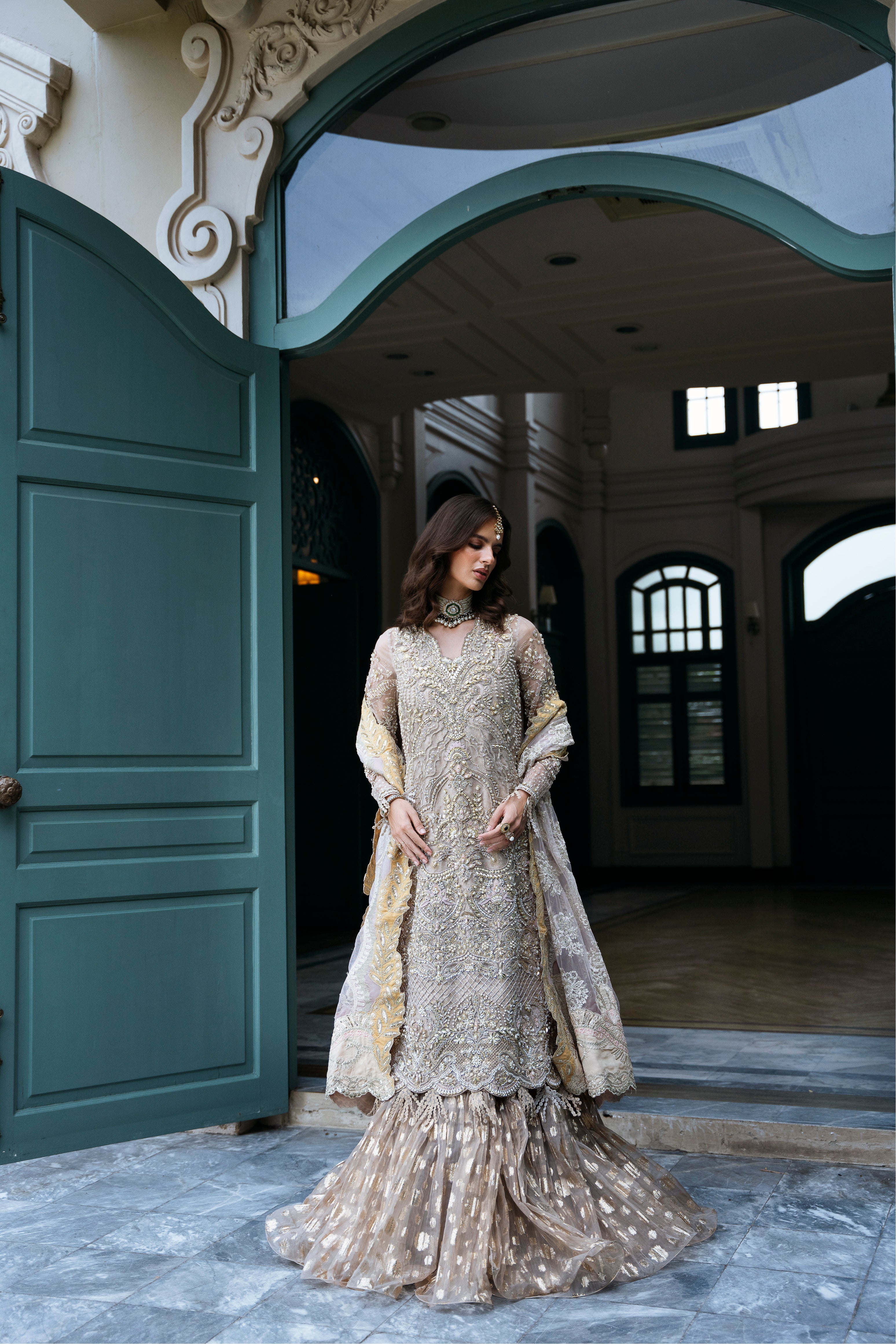 Dusky Champagne Embroidered Organza & Jamawar Lehenga (3-Piece) - Image 3
