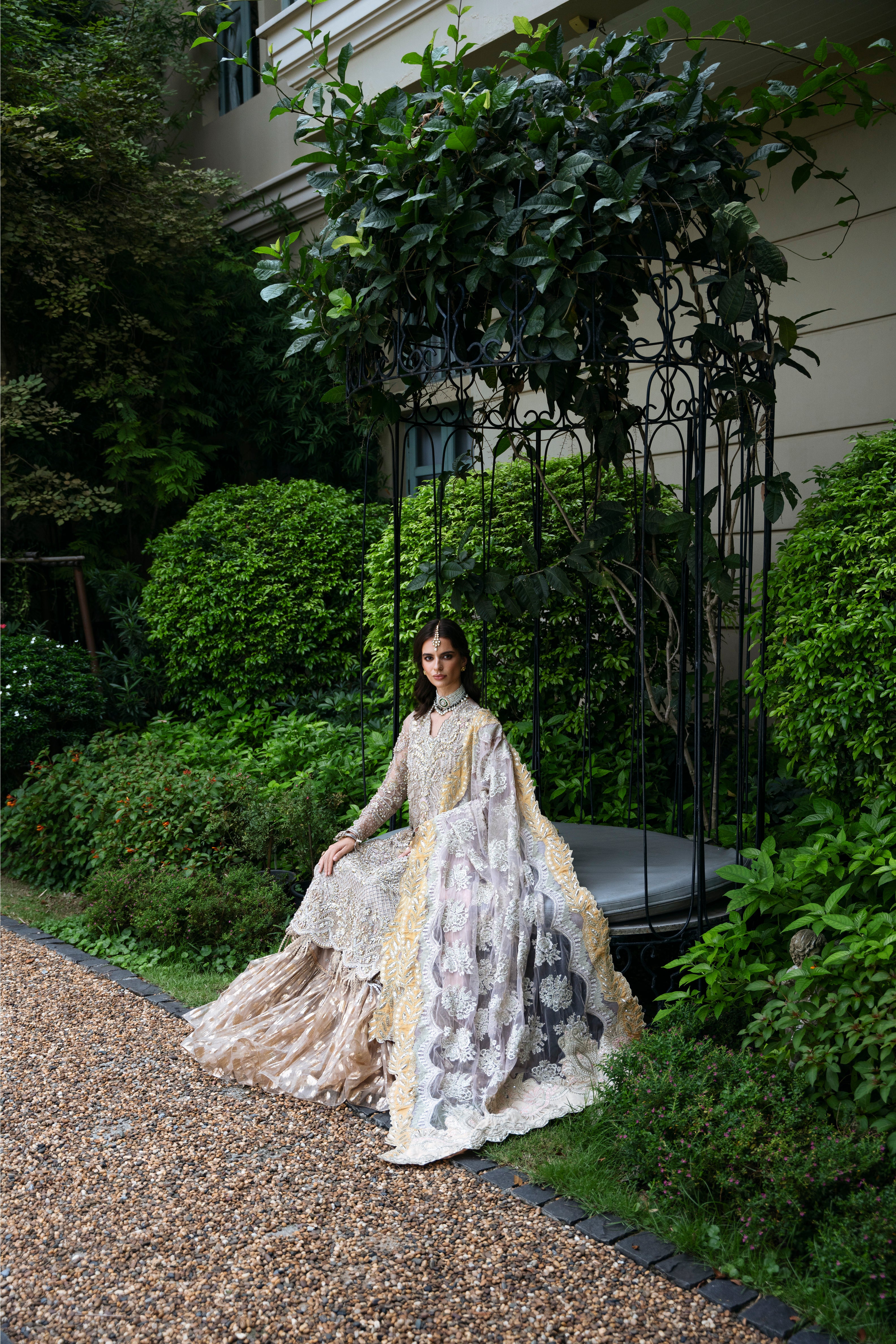 Dusky Champagne Embroidered Organza & Jamawar Lehenga (3-Piece) - Image 7