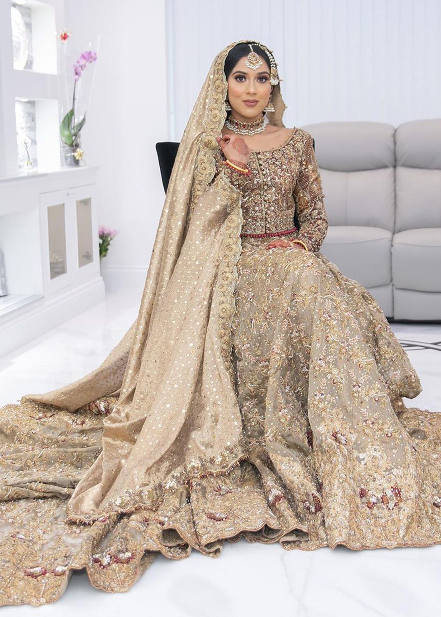Champagne Gold Embellished Organza Bridal Lehenga (3-Piece) - Image 1