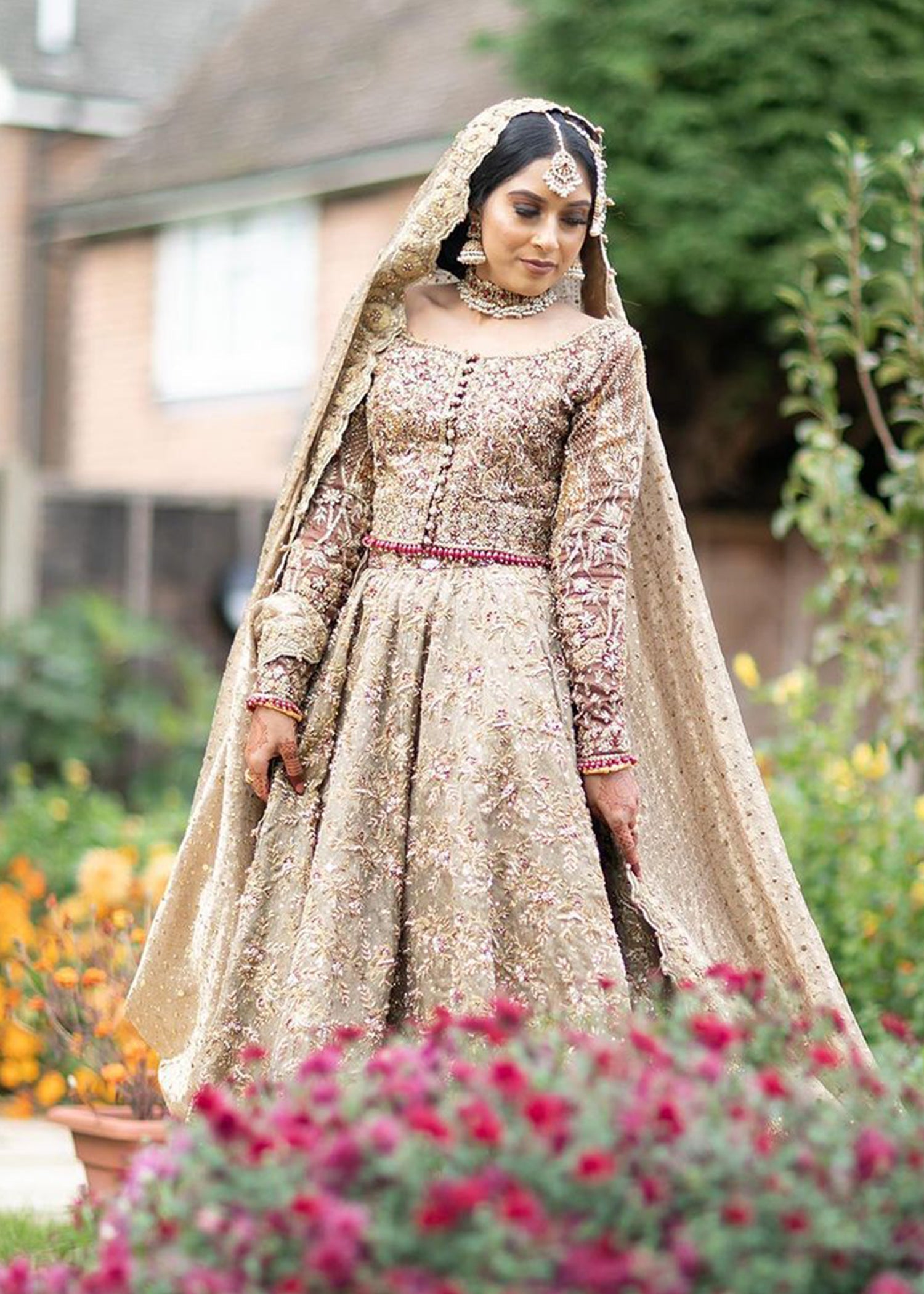 Champagne Gold Embellished Organza Bridal Lehenga (3-Piece) - Image 2