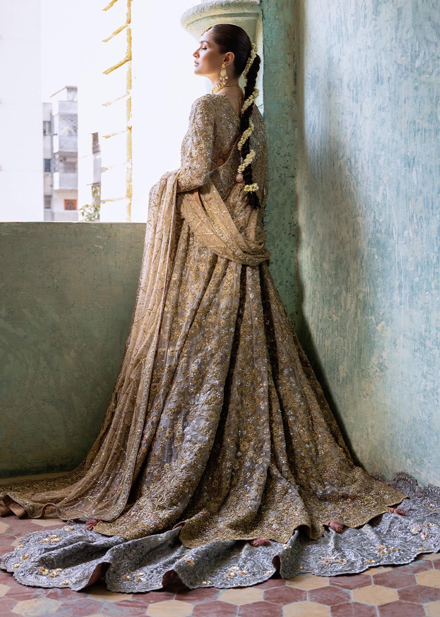 Pakistani Honey Gold Embroidered French Net Bridal Gown (3-Piece) - Image 3