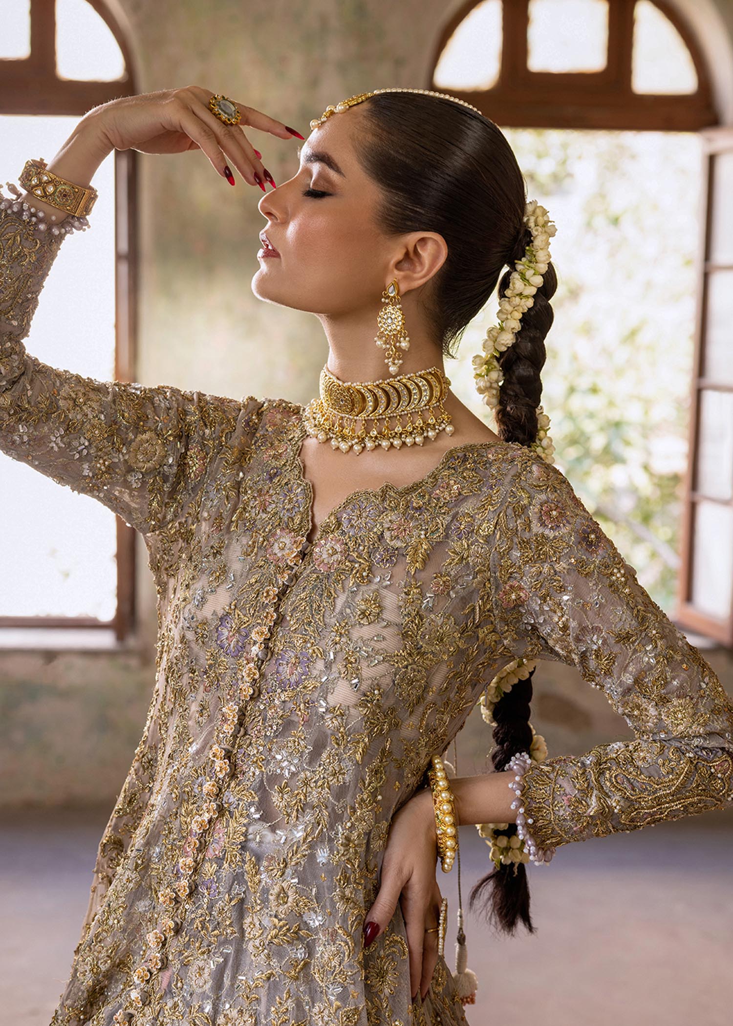 Pakistani Honey Gold Embroidered French Net Bridal Gown (3-Piece) - Image 7