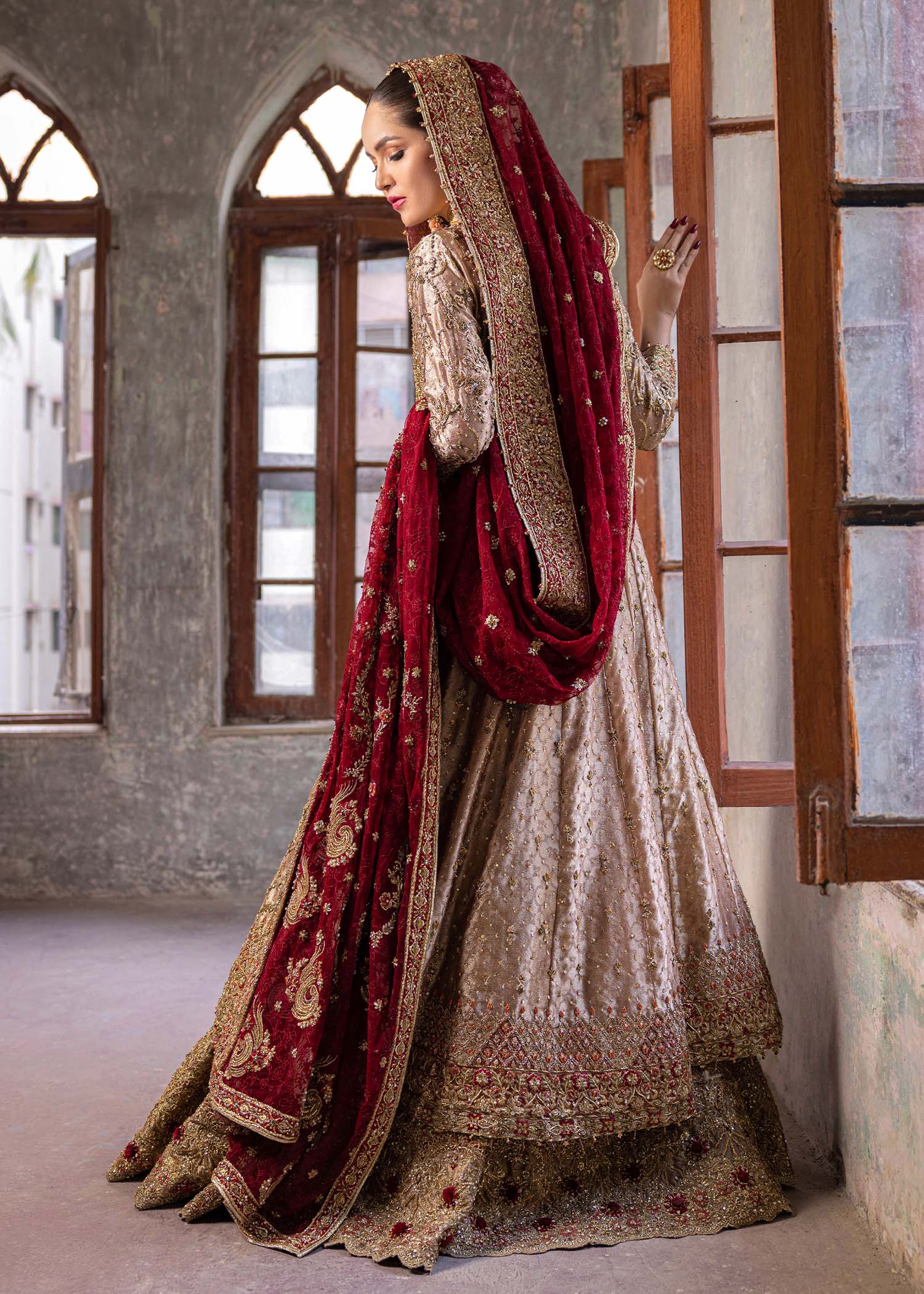 Cappuccino Gold Embroidered Pure Lame Bridal Lehenga (3-Piece) - Image 8