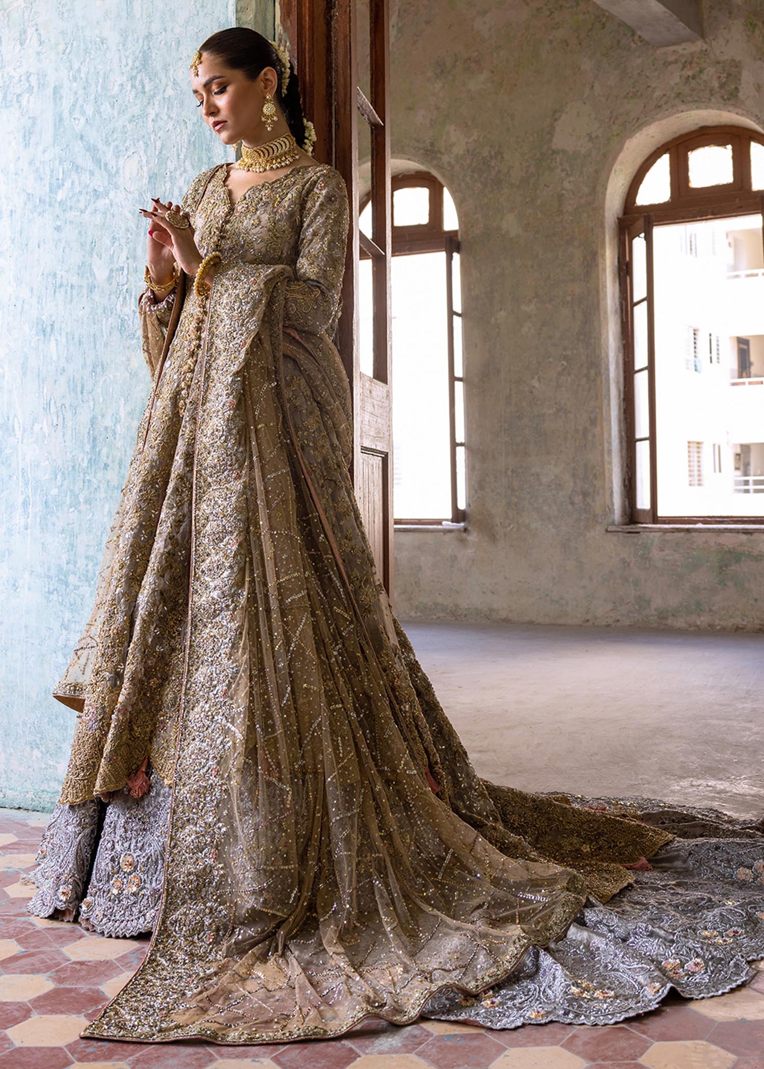 Honey Gold Embellished French Net Gown with Lehnga (3-Piece) - Image 1