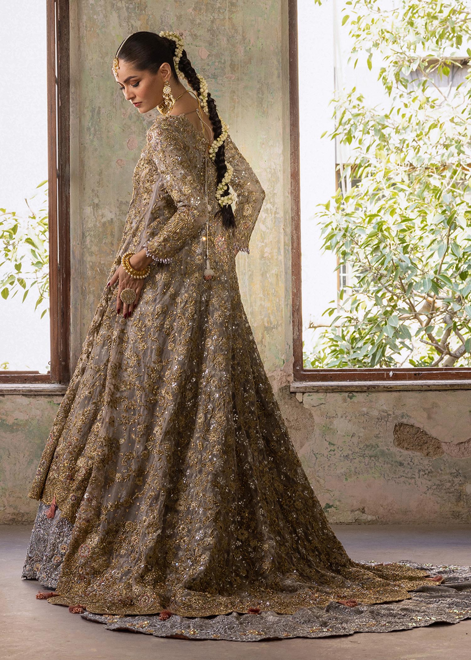 Honey Gold Embellished French Net Gown with Lehnga (3-Piece) - Image 4