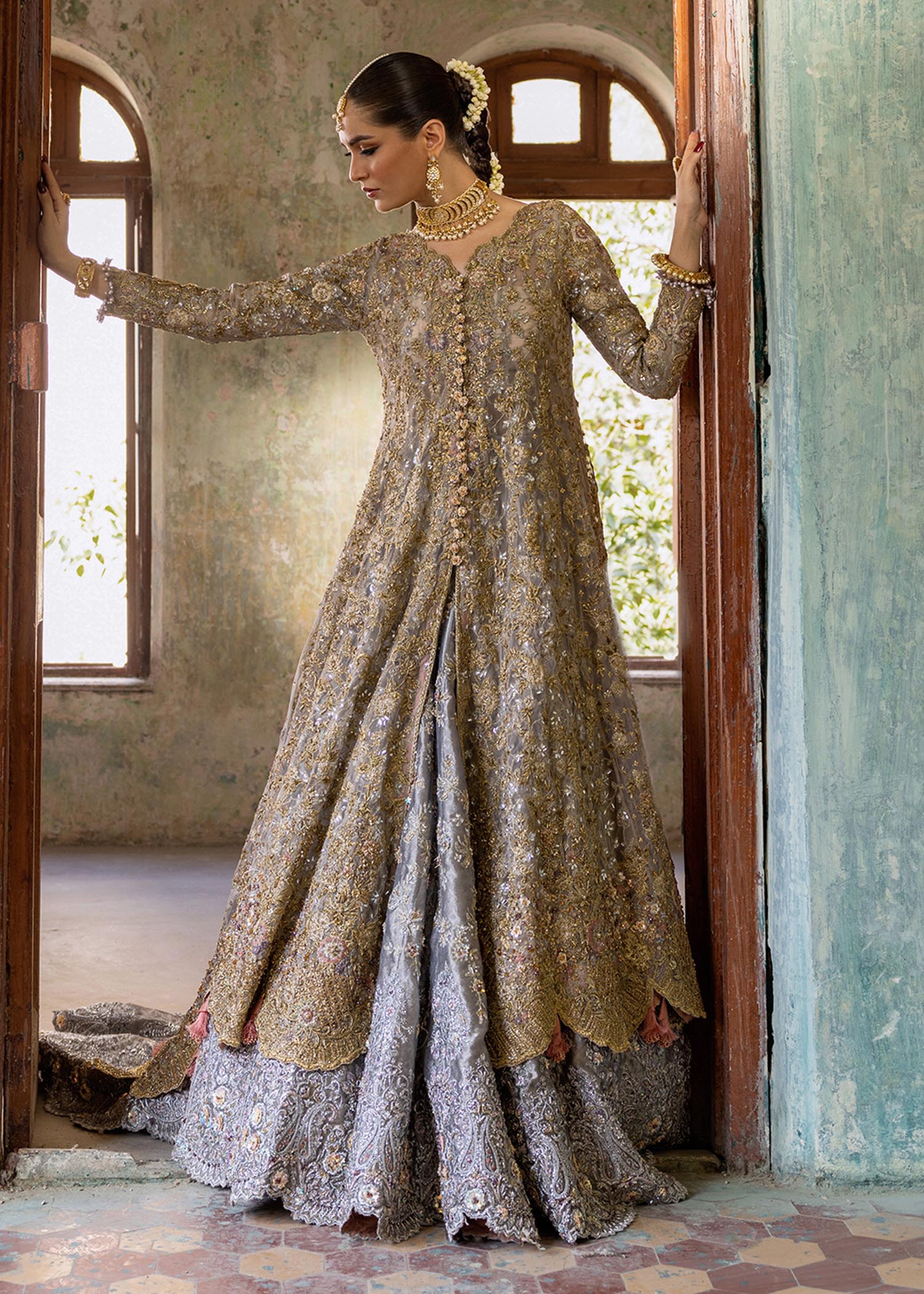 Honey Gold Embellished French Net Gown with Lehnga (3-Piece) - Image 5