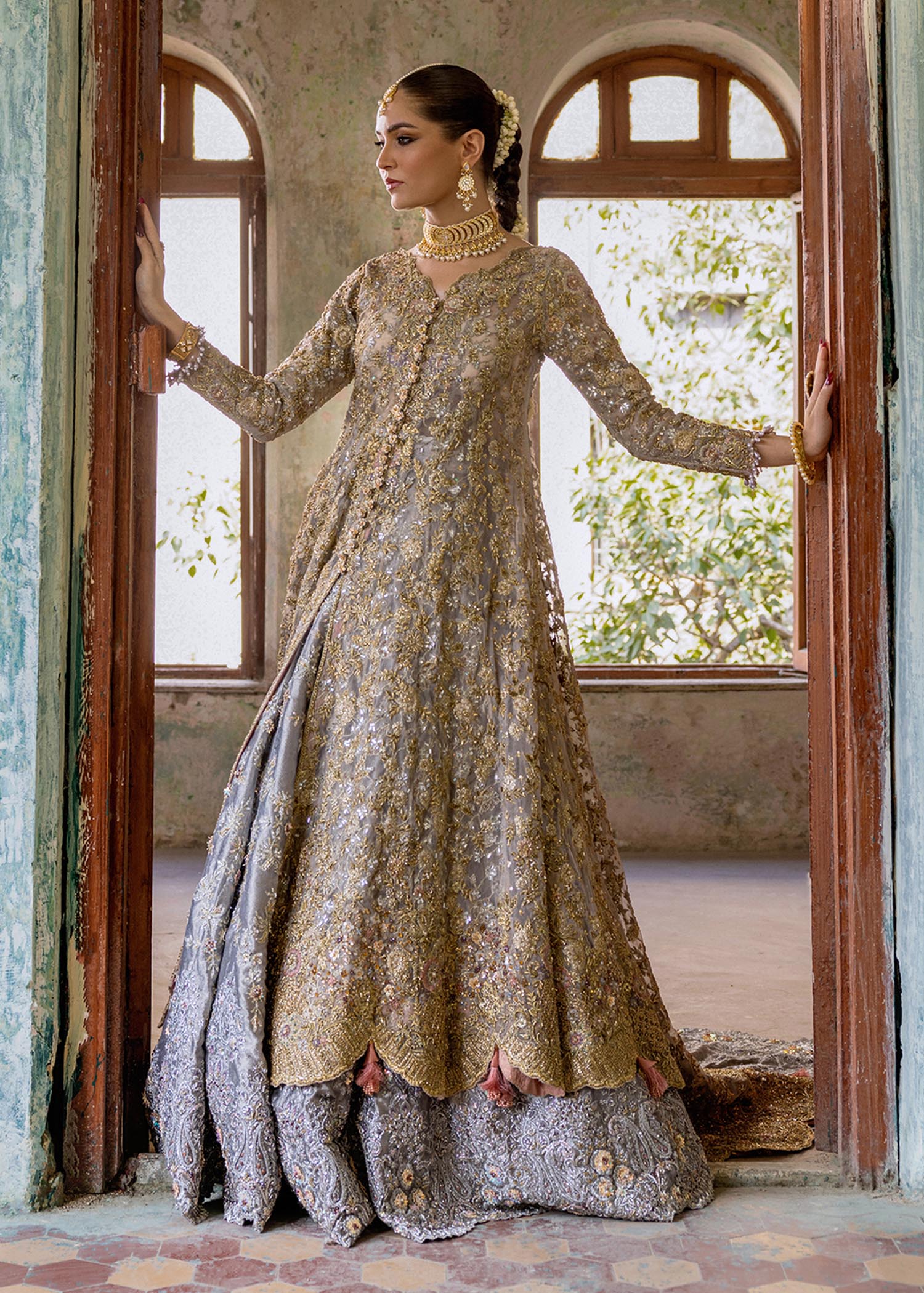 Honey Gold Embellished French Net Gown with Lehnga (3-Piece) - Image 6