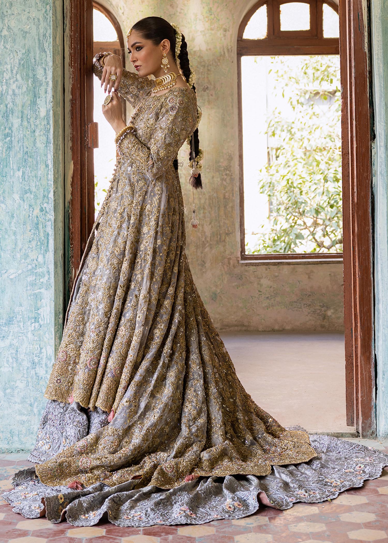 Honey Gold Embellished French Net Gown with Lehnga (3-Piece) - Image 8