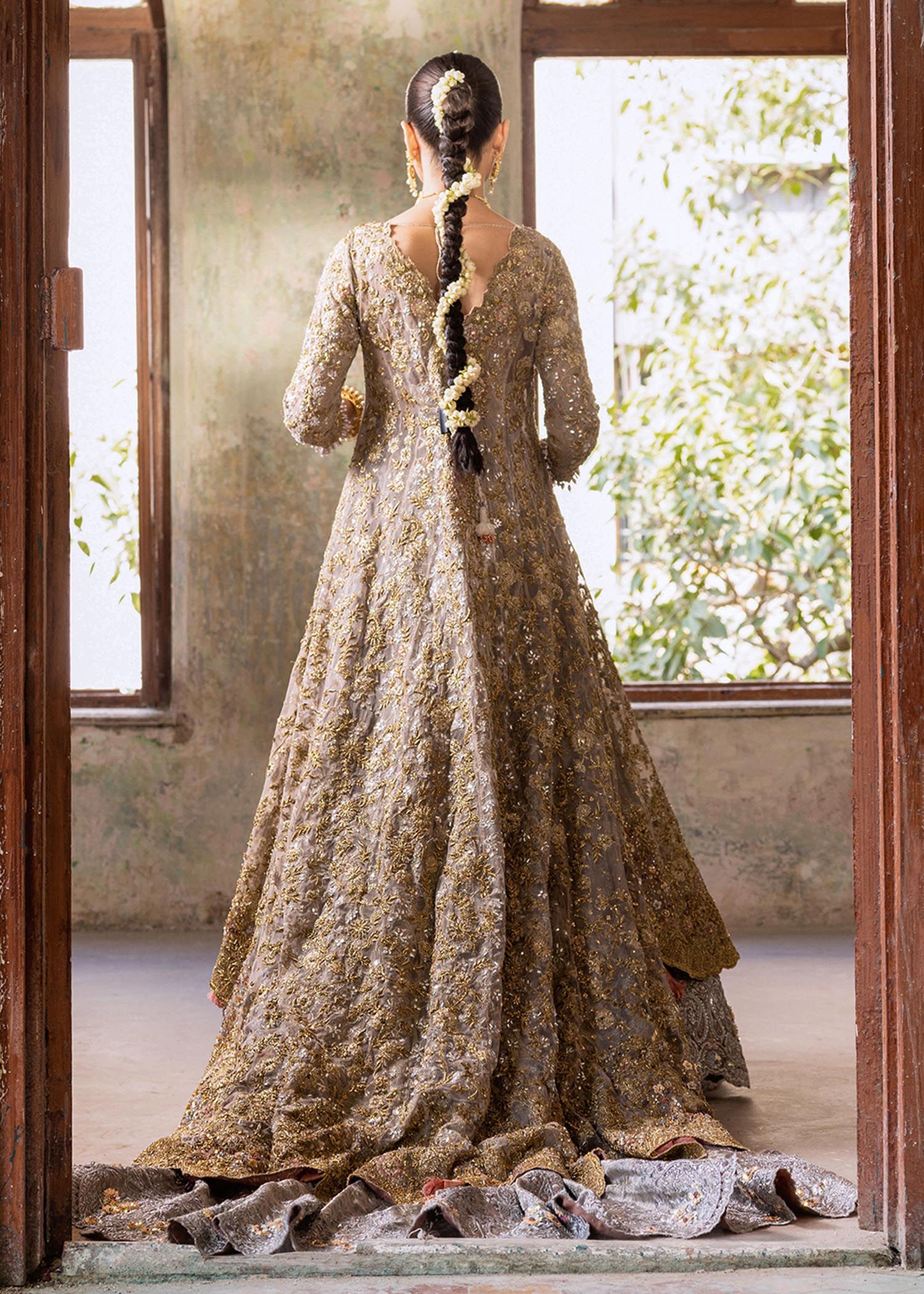 Honey Gold Embellished French Net Gown with Lehnga (3-Piece) - Image 9