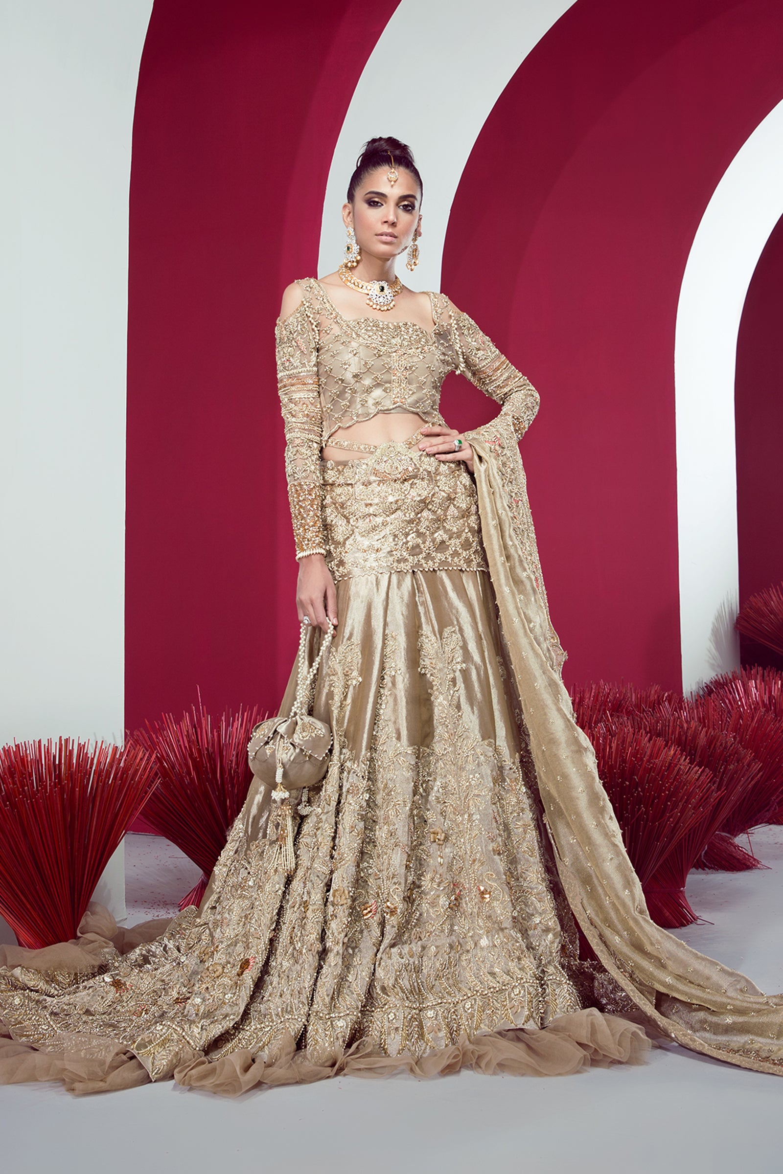 Gold Hand-Embellished Pure Tissue Lehenga (3-Piece) - Image 1