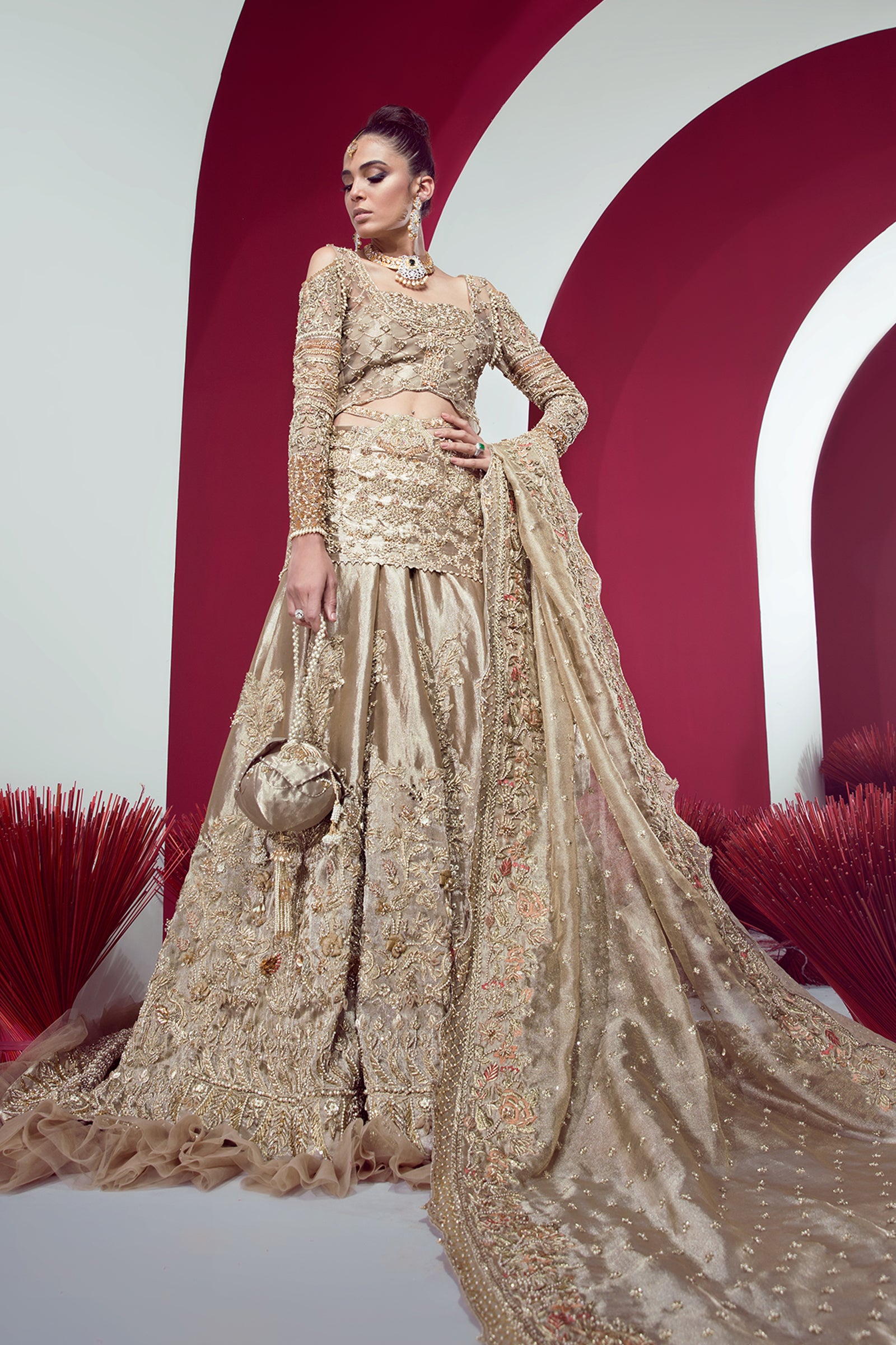Gold Hand-Embellished Pure Tissue Lehenga (3-Piece) - Image 2