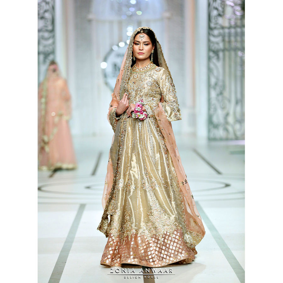 Pakistani Gold Hand-Embellished Pure Tissue Bridal Lehnga (3-Piece) - Image 1
