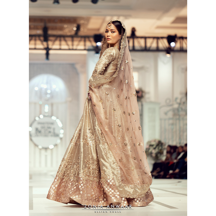 Pakistani Gold Hand-Embellished Pure Tissue Bridal Lehnga (3-Piece) - Image 2