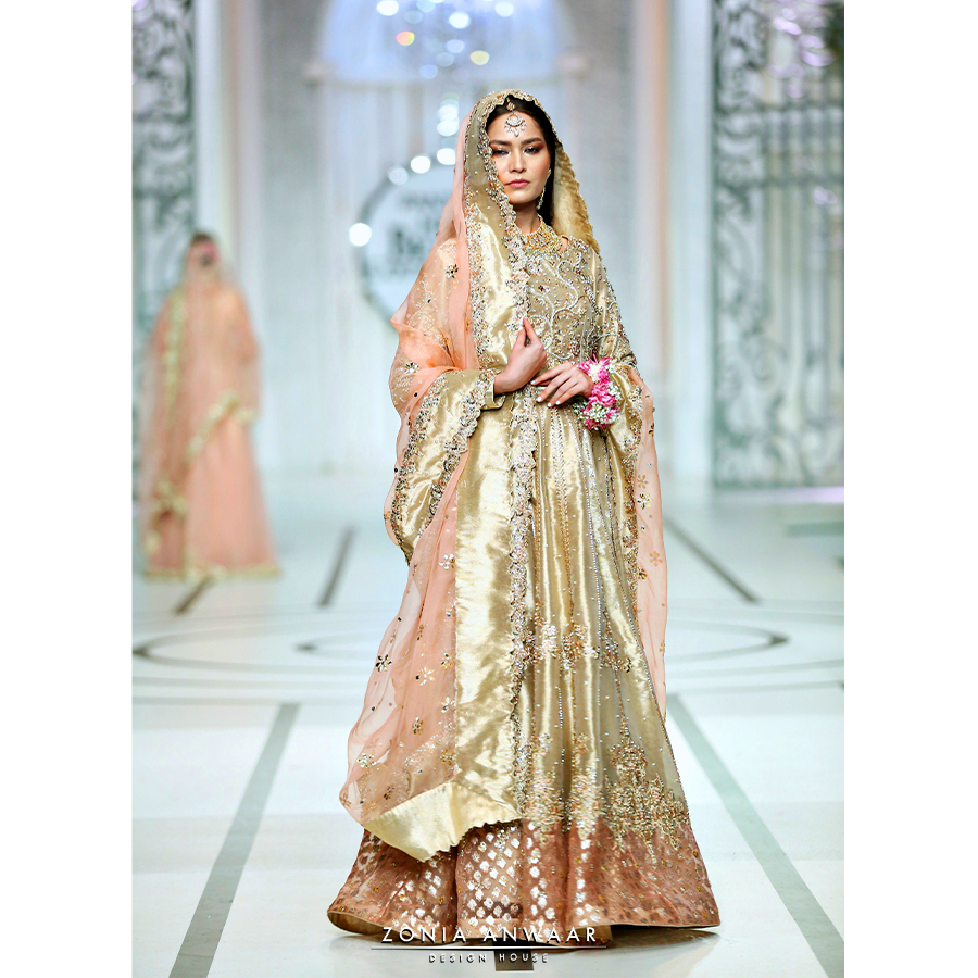 Pakistani Gold Hand-Embellished Pure Tissue Bridal Lehnga (3-Piece) - Image 3