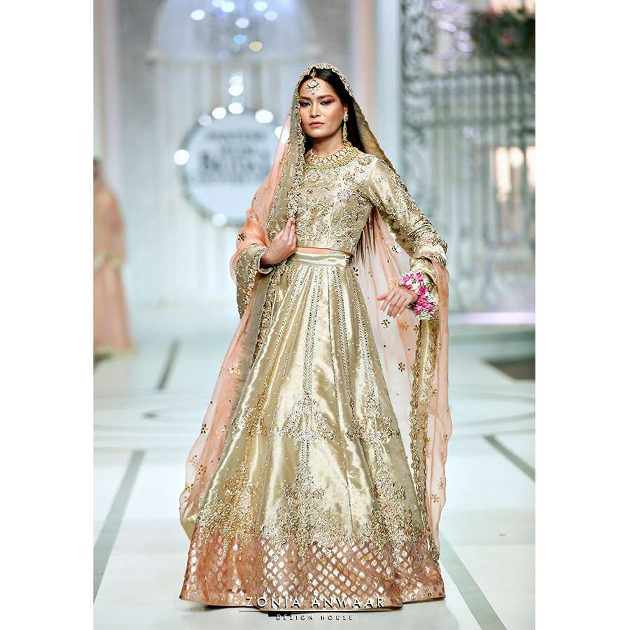 Pakistani Gold Hand-Embellished Pure Tissue Bridal Lehnga (3-Piece) - Image 4