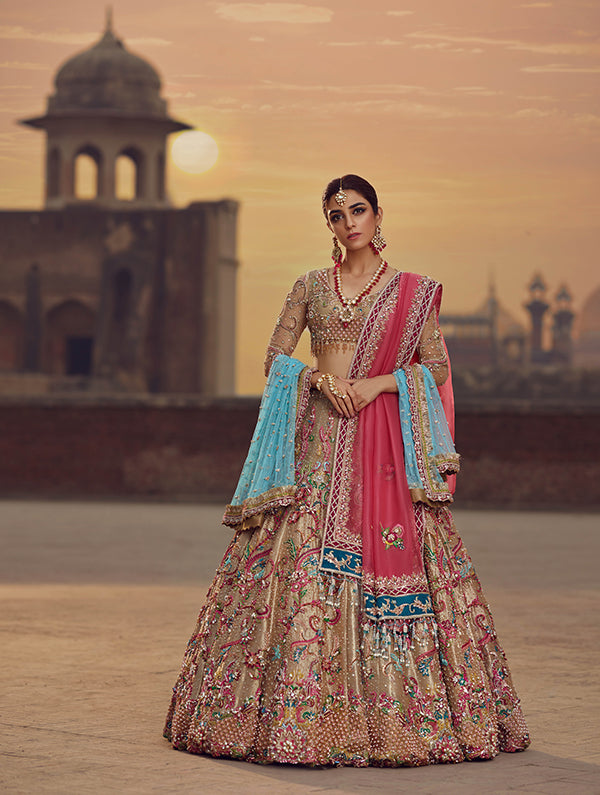 Pakistani Gold Embellished Net Choli & Pure Tissue Lehenga (3-Piece) - Image 1