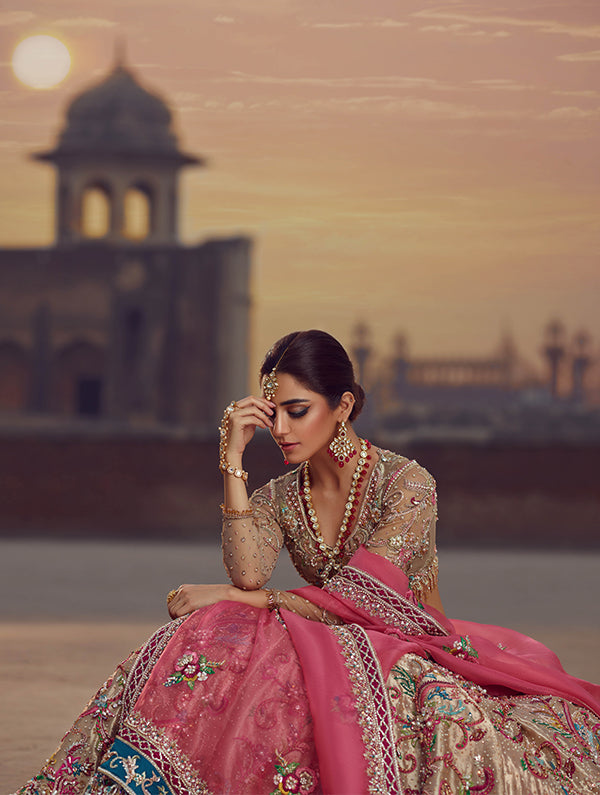 Pakistani Gold Embellished Net Choli & Pure Tissue Lehenga (3-Piece) - Image 3