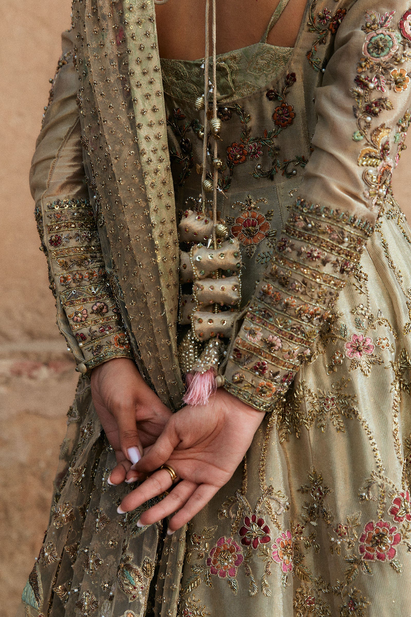 Antique Gold Embroidered Pure Tissue Peshwaz (3-Piece) - Image 4