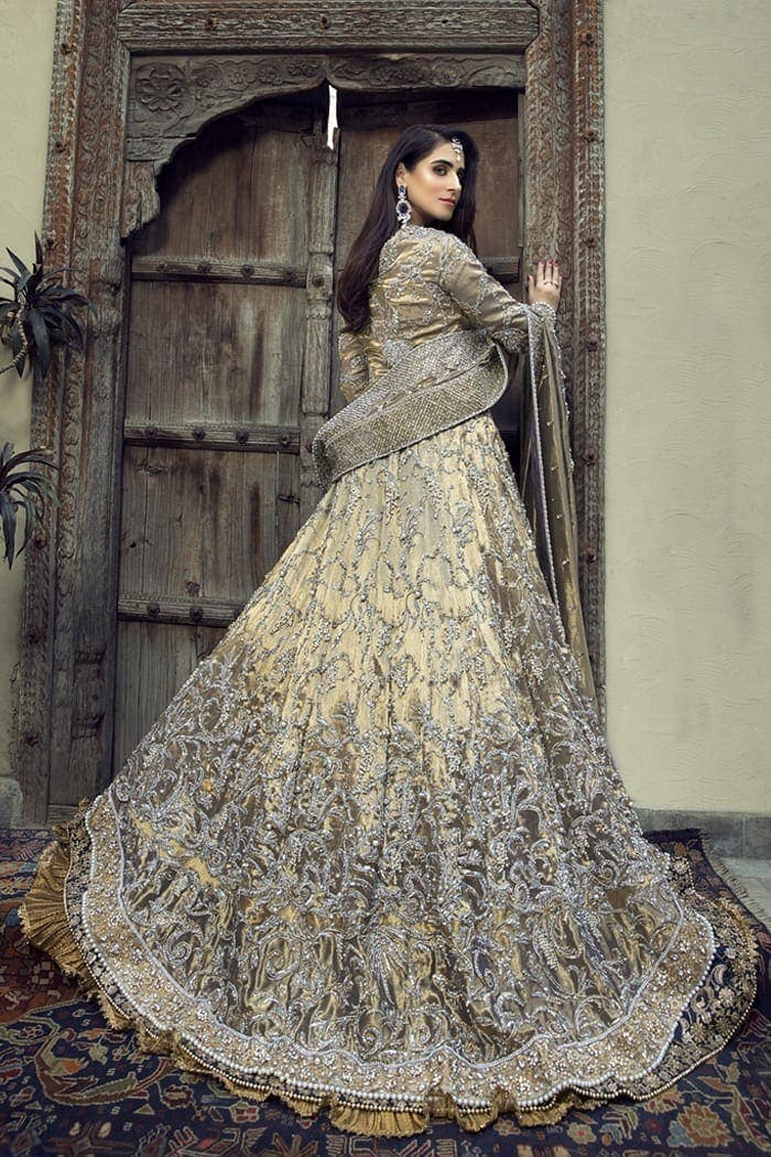 Pakistani Gold Ganga Jamni Tissue & Raw Silk Bridal Lehenga (3-Piece) - Image 2