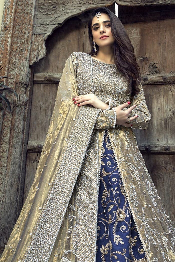 Pakistani Gold Ganga Jamni Tissue & Raw Silk Bridal Lehenga (3-Piece) - Image 3
