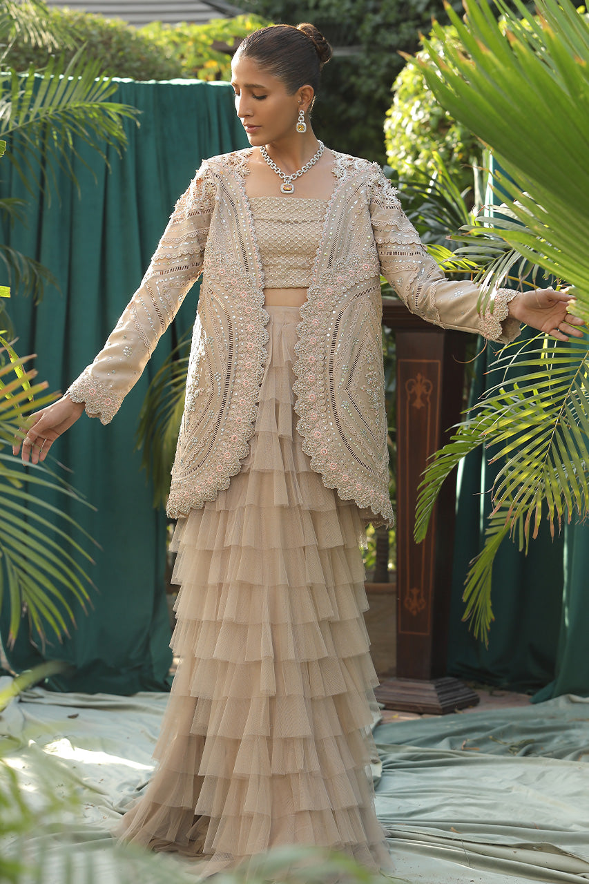 Pakistani Champagne Kaamdaani Raw Silk Jacket & Ruffle Lehenga (3-Piece) - Image 1