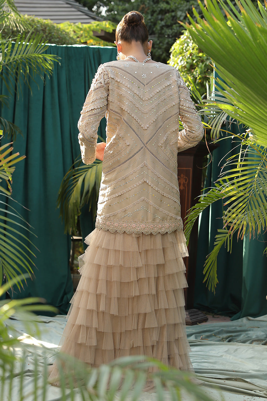 Pakistani Champagne Kaamdaani Raw Silk Jacket & Ruffle Lehenga (3-Piece) - Image 2