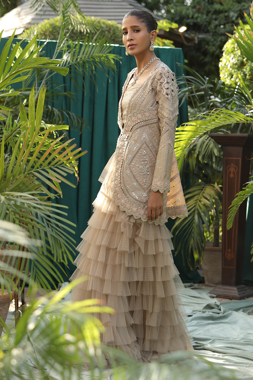 Pakistani Champagne Kaamdaani Raw Silk Jacket & Ruffle Lehenga (3-Piece) - Image 3