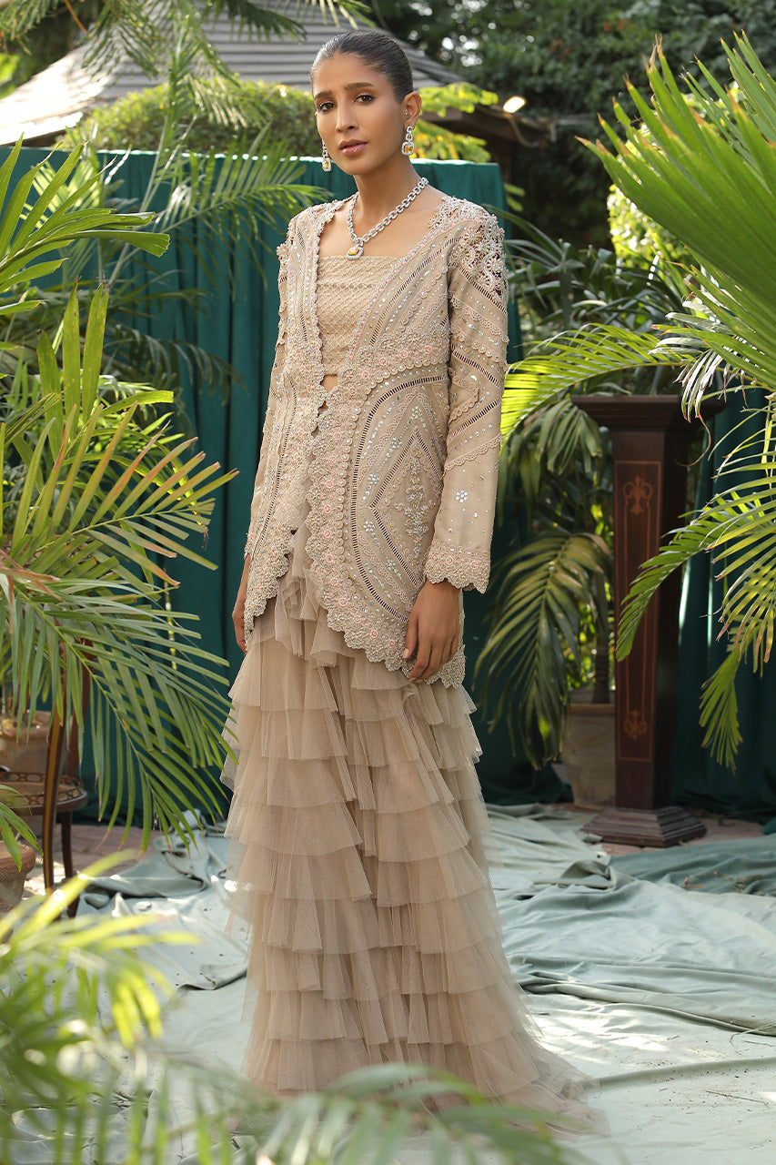 Pakistani Champagne Kaamdaani Raw Silk Jacket & Ruffle Lehenga (3-Piece) - Image 4