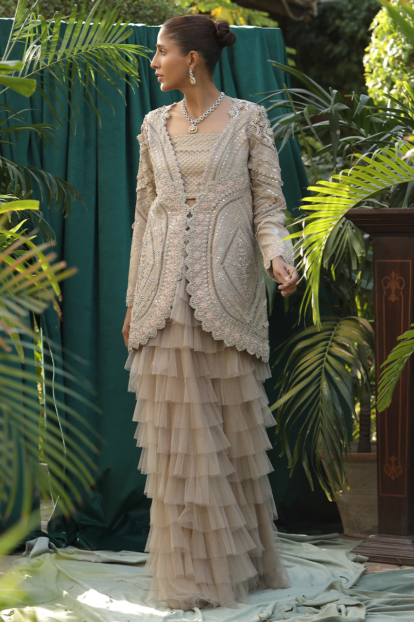 Pakistani Champagne Kaamdaani Raw Silk Jacket & Ruffle Lehenga (3-Piece) - Image 5