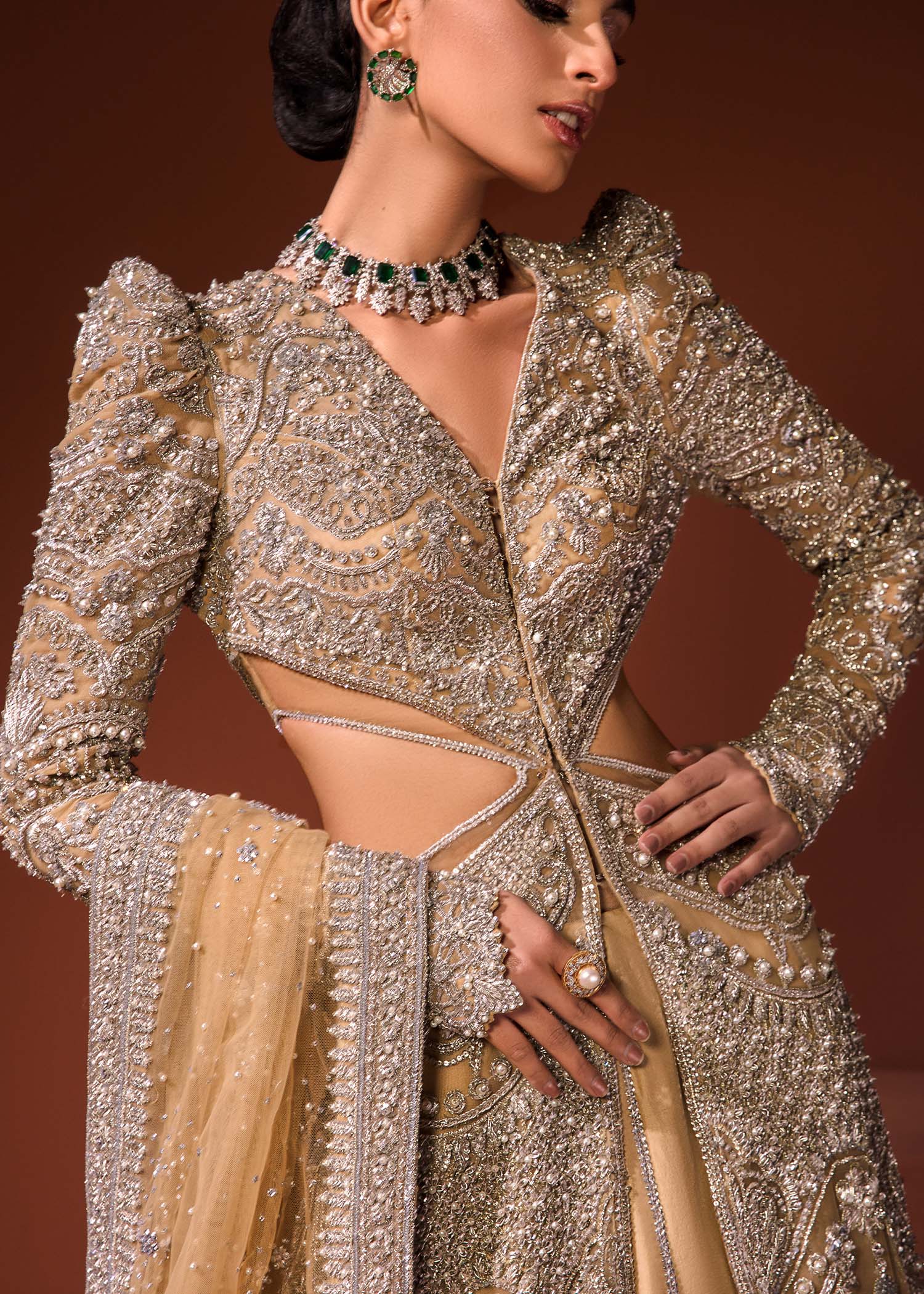 Indian Mustard Gold Embellished Net Gown with Lehenga (3-Piece) - Image 10