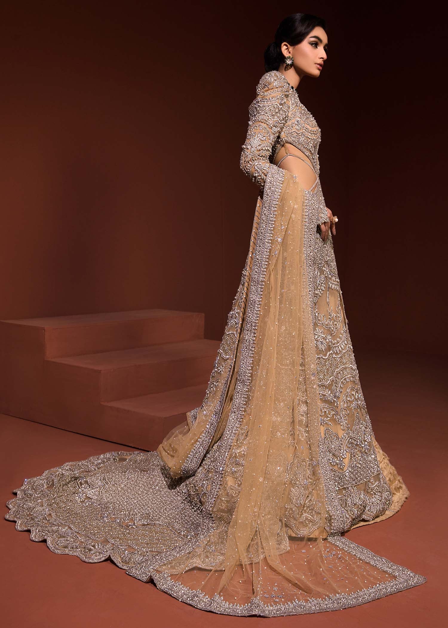 Indian Mustard Gold Embellished Net Gown with Lehenga (3-Piece) - Image 11
