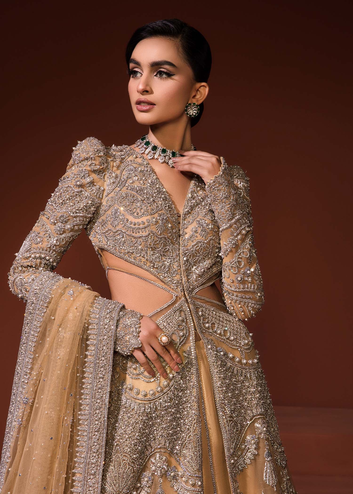Indian Mustard Gold Embellished Net Gown with Lehenga (3-Piece) - Image 12